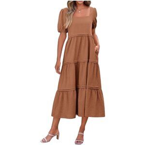 Kirundo Womens Maternity Tiered Midi Dress Puff Sleeve Square Neck Size Small